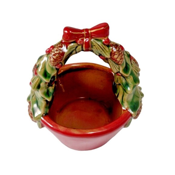 VTG Glazed Christmas Basket Pottery Trinket Candy Dish Stoneware Holiday Signed - Picture 3 of 9